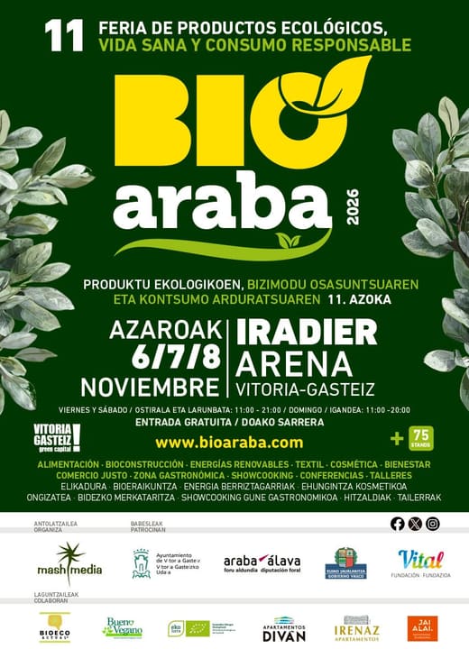 Cartel oficial de BioAraba 2026, XI Feria de Productos Ecológicos en el Iradier Arena de Vitoria-Gasteiz