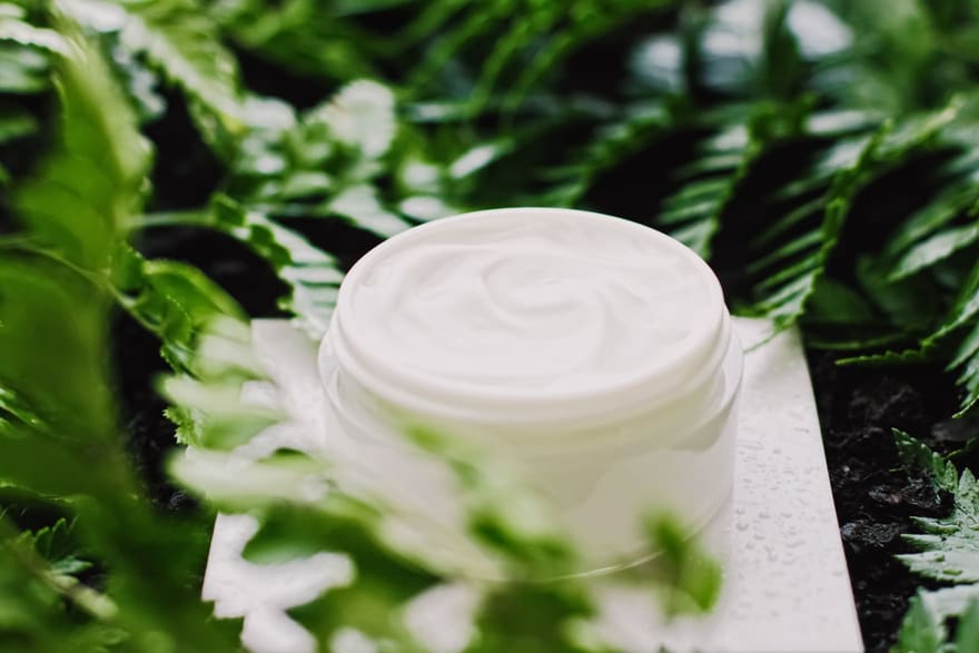 Tarro de crema natural entre hojas de helecho